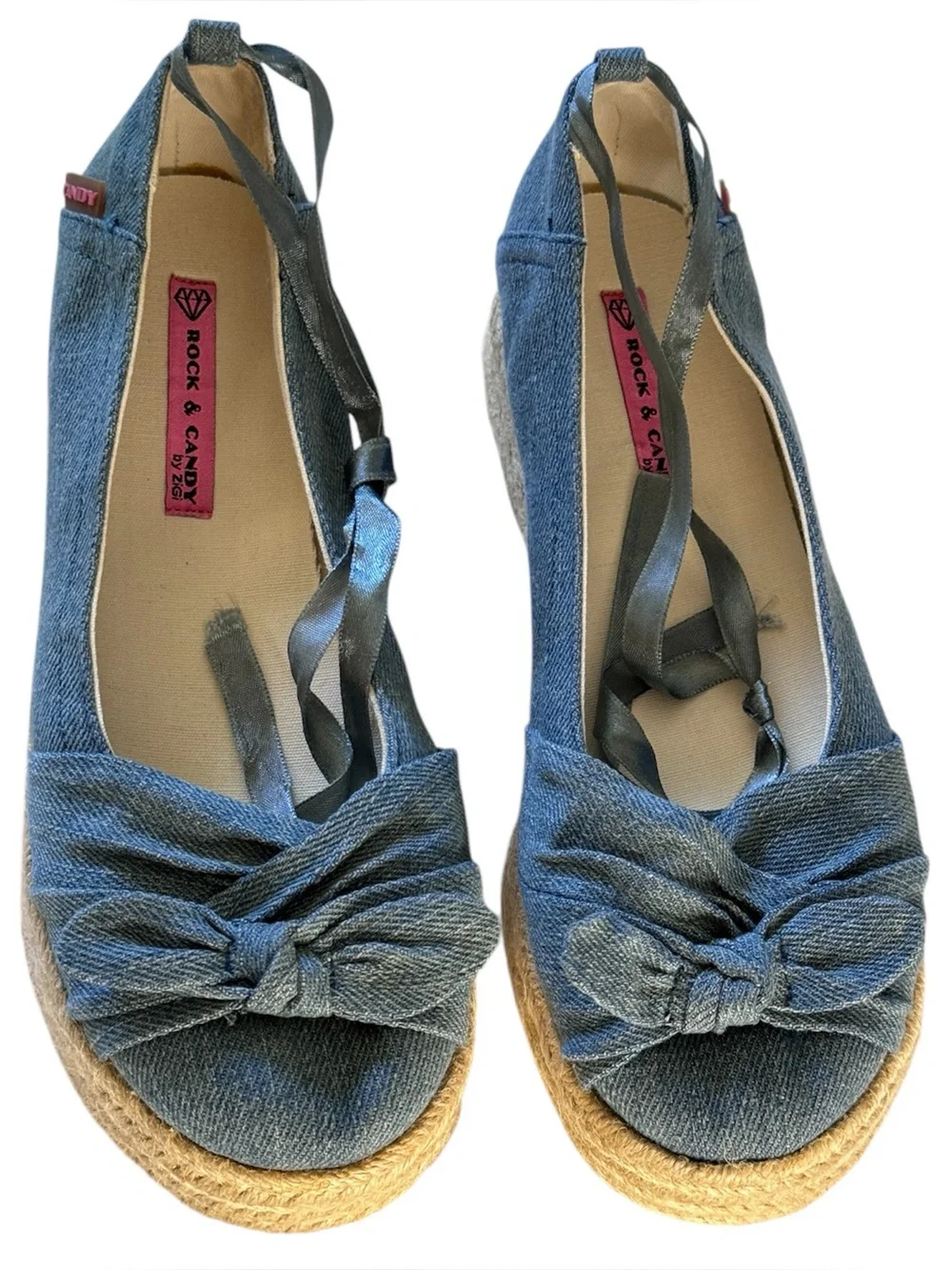 Rock & Candy Blue Denim Wedge Espadrilles with Bow and Ankle Ties